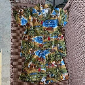 Kids Tropical Print Matching Set - Olive Green and Blue